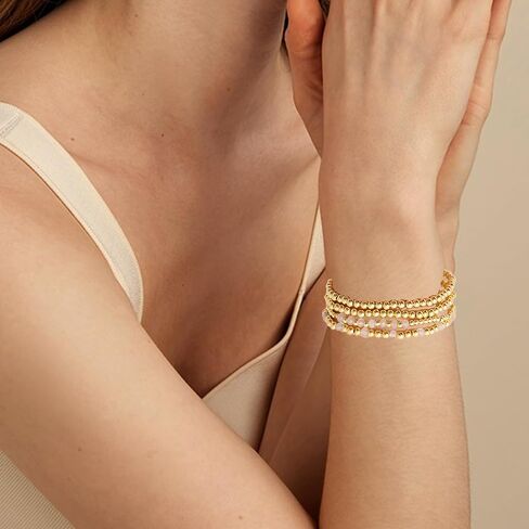 Gold Beaded Bracelets for Woman Stackable Crystal Stone Bead Bracelet 14K Gold Plated Stretch Bead Ball Bracelet Set for Woman Trendy Jewelry Gifts in Saudi Arabia