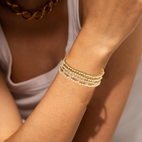 Gold Beaded Bracelets for Woman Stackable Crystal Stone Bead Bracelet 14K Gold Plated Stretch Bead Ball Bracelet Set for Woman Trendy Jewelry Gifts in Saudi Arabia