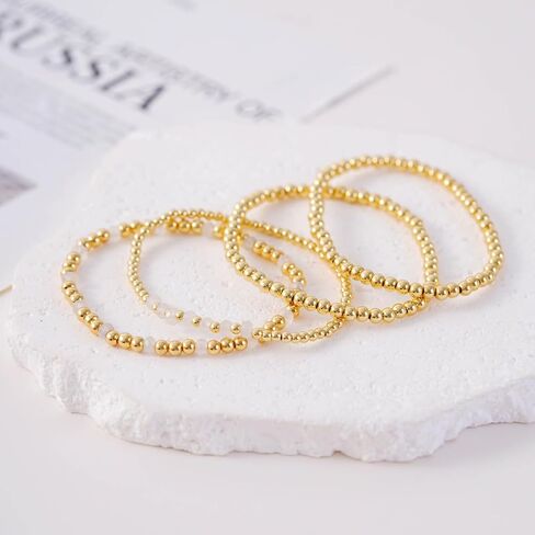Gold Beaded Bracelets for Woman Stackable Crystal Stone Bead Bracelet 14K Gold Plated Stretch Bead Ball Bracelet Set for Woman Trendy Jewelry Gifts in Saudi Arabia