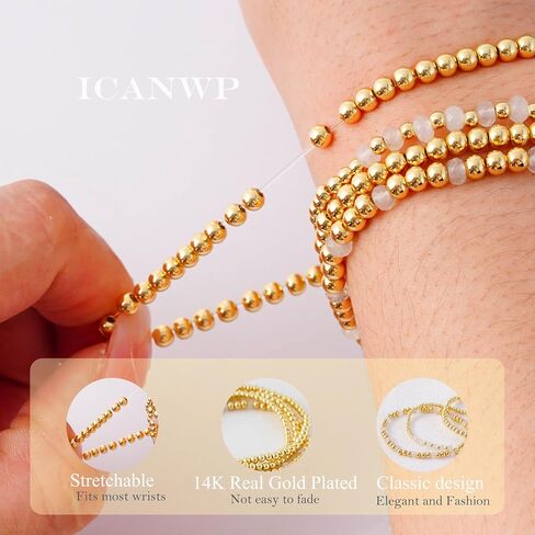 Gold Beaded Bracelets for Woman Stackable Crystal Stone Bead Bracelet 14K Gold Plated Stretch Bead Ball Bracelet Set for Woman Trendy Jewelry Gifts in Saudi Arabia