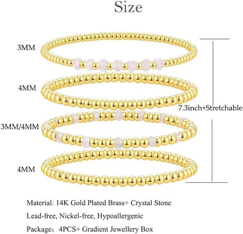 Gold Beaded Bracelets for Woman Stackable Crystal Stone Bead Bracelet 14K Gold Plated Stretch Bead Ball Bracelet Set for Woman Trendy Jewelry Gifts in Saudi Arabia
