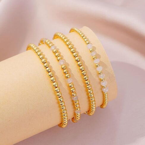 Gold Beaded Bracelets for Woman Stackable Crystal Stone Bead Bracelet 14K Gold Plated Stretch Bead Ball Bracelet Set for Woman Trendy Jewelry Gifts in Saudi Arabia