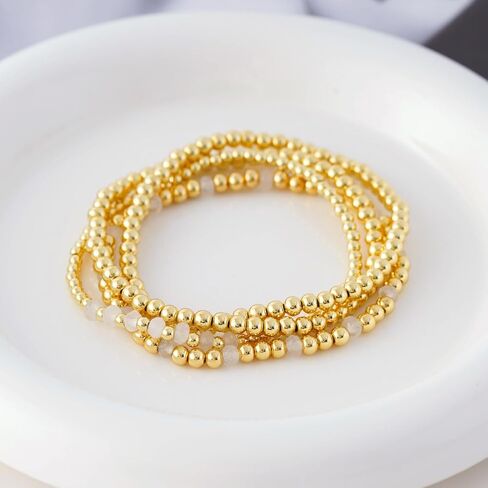 Gold Beaded Bracelets for Woman Stackable Crystal Stone Bead Bracelet 14K Gold Plated Stretch Bead Ball Bracelet Set for Woman Trendy Jewelry Gifts in Saudi Arabia