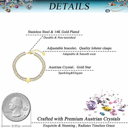 EVEVIC Austrian Crystal Star Tennis Bracelets for Women 14K Gold Plated Stainless Steel Adjustable Bracelet Jewelry in Saudi Arabia