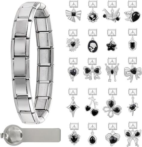 papasgix مجموعة سوار سحر إيطالي ذهبي وفضي مع سوار بداية، سحر متنوع وأدوات فتح، 9 مم وحدات أساور إيطالية ساحرة مصنوعة يدويًا قلادة هدايا مجوهرات (فضي أسود) in Kuwait