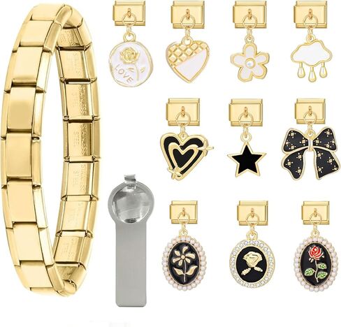 papasgix مجموعة سوار سحر إيطالي ذهبي وفضي مع سوار بداية، سحر متنوع وأدوات فتح، 9 مم وحدات أساور إيطالية ساحرة مصنوعة يدويًا قلادة هدايا مجوهرات (ذهبي أبيض) in Kuwait