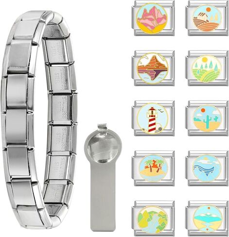 مجموعة سوار papasgix الإيطالي الساحر من الذهب والفضة مع سوار بداية، وسحر متنوع وأدوات فتح، وروابط أساور إيطالية معيارية مقاس 9 مم، هدايا مجوهرات مصنوعة يدويًا (أخضر فضي) in Kuwait