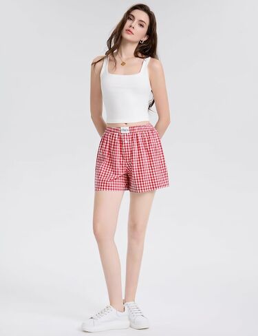 LOMON Womens Boxer Shorts Casual Summer Cotton Pajama Lounge Sleep Pj Gingham Plaid Shorts Y2K Beach Bottoms in Saudi Arabia