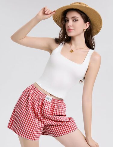 LOMON Womens Boxer Shorts Casual Summer Cotton Pajama Lounge Sleep Pj Gingham Plaid Shorts Y2K Beach Bottoms in Saudi Arabia