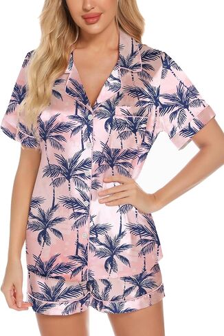Leikar Womens Silk Summer Pajamas Shorts Set Floral Button Down Pjs Satin Loungewear Soft Sleepwear in Kuwait