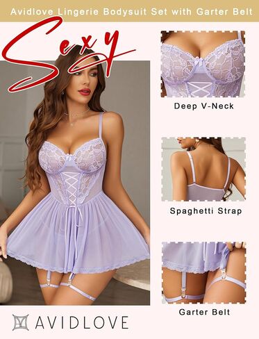 Avidlove الملابس الداخلية للنساء مثير الدانتيل بيبي دول شبكة قميص Boudoir Nighty مع حزام الرباط in Saudi Arabia