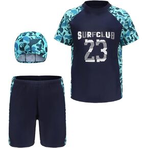Boys' Swimwear 3 Pieces Swim Trunks and Rash Guard Sets Short Sleeve Sun Protection Swimsuit with Swim Cap