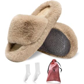ALENAS Home Slippers for Women, Fuzzy Plush Faux Fur Lined Flip Flops, Fashion Gift Slippers with Anti-Slip Sole