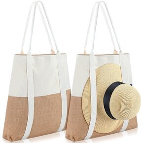 2 Pcs Boho Beach Bag for Women 16.5 x 17.5 x 4 Inch Summer Large Woven Beach Tote Bag with Hat Holder Strap for Travel Vacation, White and Khaki