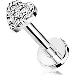 16 Gauge Diamond Shaped Embossed Heart Internally Threaded Labret, Monroe, Cartilage Stud Rings 316L Surgical Steel (Choose Color)