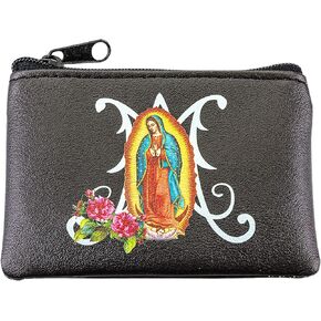 Our Lady of Guadalupe Black Leatherette Rosary Pouch with Zipper Closure, Neutral Travel Cases and Pouches for Rosaries, First Communion or Confirmation Gift, 3.25 Inches