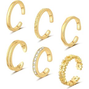 6PCS Toe Rings 14K Gold Filled Toe Ring for Women Adjustable Silver Rose Gold Toe Ring Set Summer Beach Open Toe Rings Foot Jewelry