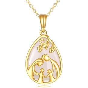 Mother Daughter Necklace Yellow Gold Teardrop Mom Pendant Necklace Fine Jade Mom Jewelry Gifts for Mom from Daughter