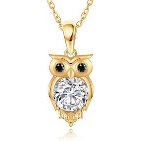 14K Gold Owl Necklace 14K Solid Yellow Gold Owl Pendant Necklace Gold Owl Cubic Zirconia Jewelry Gifts for Women Girls
