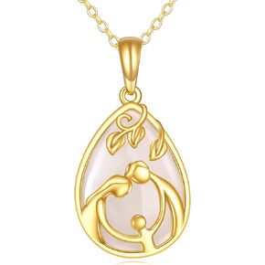 Mother Daughter Necklace Yellow Gold Teardrop Mom Pendant Necklace Fine Jade Mom Jewelry Gifts for Mom from Daughter