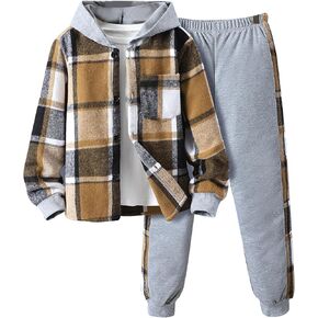 Little Boys Two Pieces Outfit Kids Plaid Color Front Button Down Hoodie Sweatshirt and Jogger Sweatpants Sets