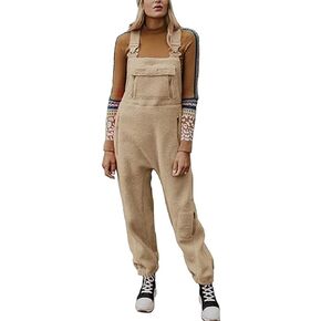SOMTHRON Women's Winter Fleece Overalls Loose Bib Pants Adjustable Strap Sleeveless Fuzzy Warm Jumpsuits