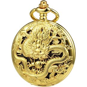 TREEWETO Mens Pocket Watch Antique Skeleton Mechanical Bronze Case 3D Steam Train Railroad Ruman Numerals Gifts for Train Lovers