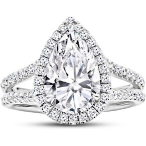 14K White Gold 3 Carat LAB GROWN DIAMOND Split Shank Pear Cut Diamond Engagement Ring (G-H Color VS1-VS2 Clarity 2.5 Ct Center)