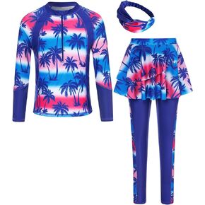 Girls Long Sleeve Rashguard Half Zip Swimsuits UPF 50+ Two Piece Swim Sets with Hairband 5-12Y