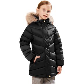 SOLOCOTE Girls Winter Coats Hooded Sherpa Lined Lightweight Jacket Thick Warm Puffy Cotton Shiny Jackets SLN2217-Black-11-12Y