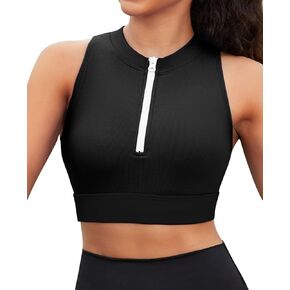 beautyin Women Bikini Top Only Front Zipper Ribbed High Neck Sports Swim Top