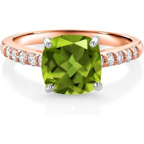 Gem Stone King 10K Rose Gold Green Peridot and White Lab Grown Diamond Engagement Ring For Women (2.65 Cttw, Cushion Cut 8MM, Gemstone August Birthstone, Available In Size 5, 6, 7, 8, 9)