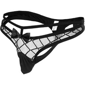 Evankin Mens Sissy Lingerie Sexy Hollow Out Lace Girly Thong See Through Underwear with Bulge Pouch Bowknot