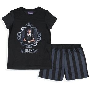 INTIMO Wednesday Addams Girls' Striped Sleep Pajama Set Shorts and Shirt