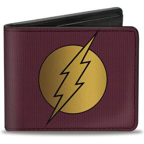 Buckle-Down Men's DC Comics Wallet, Bifold, Flash Logo Mesh Lattice Burgundy Black Gold, Vegan Leather, 4.0" x 3.5"