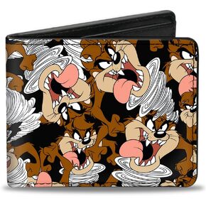 Buckle-Down Men's PU Bifold Wallet-Tasmanian Devil Vortex Poses Scattered Black, Multicolor, 4.0" x 3.5"