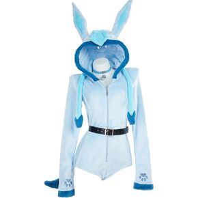 Mobbunny Women Cartoon Anime Style Romper Fuzzy Onesie Pajama Blue Loungewear Fluffy Hooded Homewear Short Jumpsuit