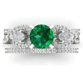 Clara Pucci 2.0ct Round Cut Solitaire 3 stone Simulated Green Emerald Engagement Promise Anniversary Bridal Ring Band set 14k White Gold
