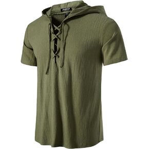 JEMITOP Men's Cotton Vintage Hooded Design Short Sleeve Lace up Shirts for Renaissance Pirate Viking Medieval Costume