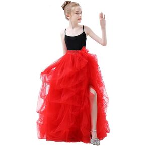 Qmker Girls Long Tutu Skirts Princess Slit Dress Candy Color Tulle Maxi Skirts Floor Length for Birthdany Party Handmade