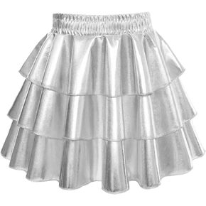 KEREDA Girls Metallic Skirt 3-Layer Ruffle Kids Sparkly Skirt for Girls 6-14 Y