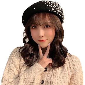 PURFANREE Women Girls Beaded Pearl Rhinestone Wool French Beret Hat Winter Artist Painter Hats Beanie Cap