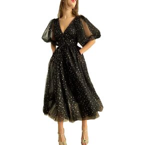 Xijun Women's Sparkle Starry Tulle A Line Puffy Sleeve Prom Dresses with Slit Formal Evening Party Gowns