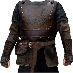HiiFeuer Viking Fenrir Embossed Buckle Belt and Belt Bag with Viking Warrior Chest Armor and Viking Vegvisir Embossed Bracer, Retro Renaissance Faux Leather Warrior Set for Ren Faire