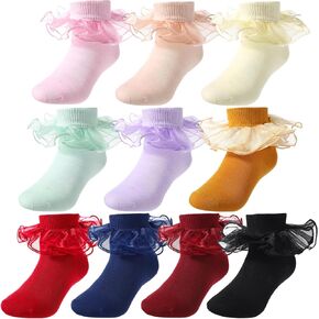 JaGely 10 Pairs Toddler Girl Socks with Big Ruffle Frilly Double Lace Socks Cotton Turn Cuff Dress Socks Toddler Pageant Socks for Kids 6-8 years