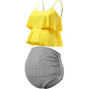 GINKANA Womens Maternity Tankini Swimsuits 2 Piece Maternity Swimwear Bathing Suit Double Ruffle Hem Pregnancy Swimming Suits