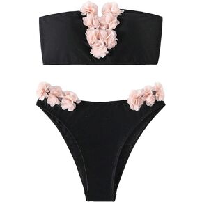 SHENHE Women's 2 Piece Bandeau Bikini Set Strapless Lace Up Appliques Flower Swimsuit