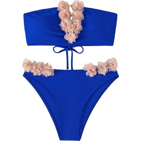 SHENHE Women's 2 Piece Bandeau Bikini Set Strapless Lace Up Appliques Flower Swimsuit