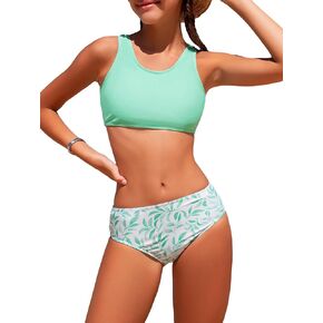 WDIRARA Girl's 3 Pieces Floral Print Contrast Binding Scoop Neck Bikini Swimsuit with Beach Shorts