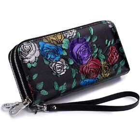 Women's Wallet RFID Blocking Leather Double Zipper Cellphone Wallet Long Purse with Removable Wrist Strap